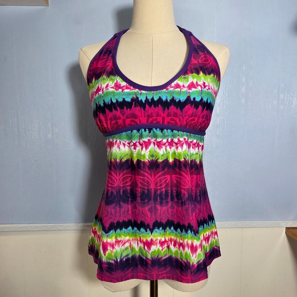 Athleta LT Pink Green Striped Floral Halter Tie Open Back Bathing Suit Top